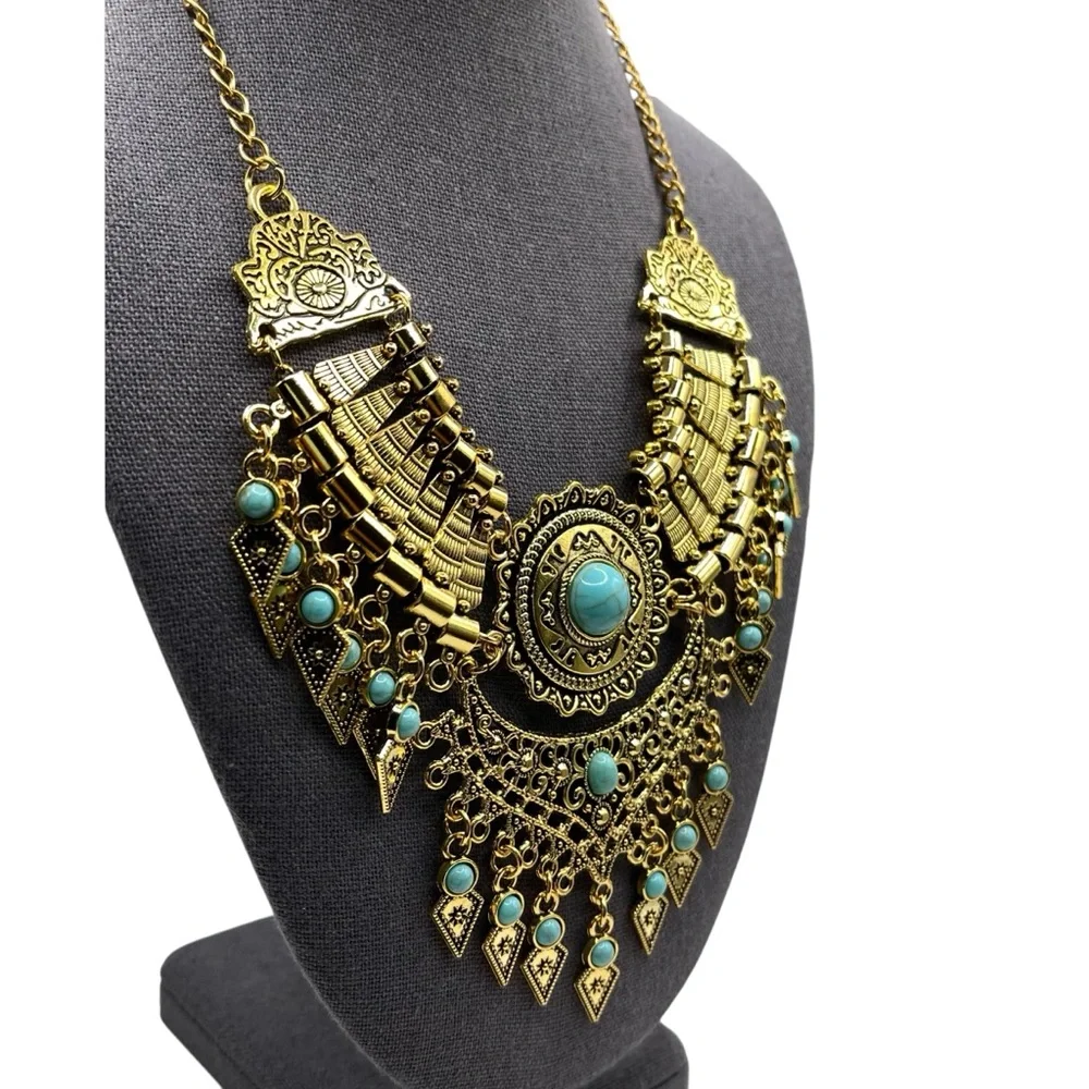 ❤️ Boho x Gypsy Tribal Gold Tone Statement Necklace - Picture 4 of 7